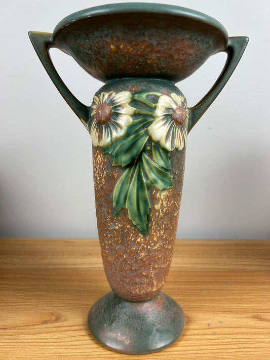 ROSEVILLE DAHLROSE ART POTTERY VASE 368-10" TALL DOUBLE HANDLED