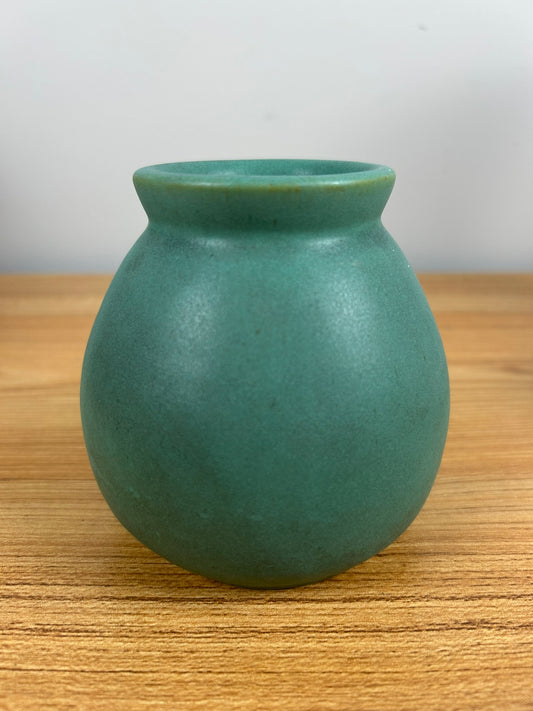 Teco Art Pottery Matte Green Bulbous Cabinet Vase Double Stamped Bottom