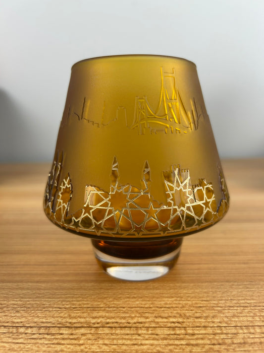 Pasabahce Magazalari Siluet Mumluk Etched Skyline Amber Glass Votive Holder