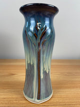 Bill Campbell studio art pottery lotus vase 7.5" tall blue purple drip glaze