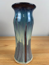 Bill Campbell studio art pottery lotus vase 7.5" tall blue purple drip glaze