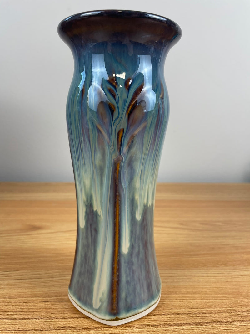 Bill Campbell studio art pottery lotus vase 7.5" tall blue purple drip glaze