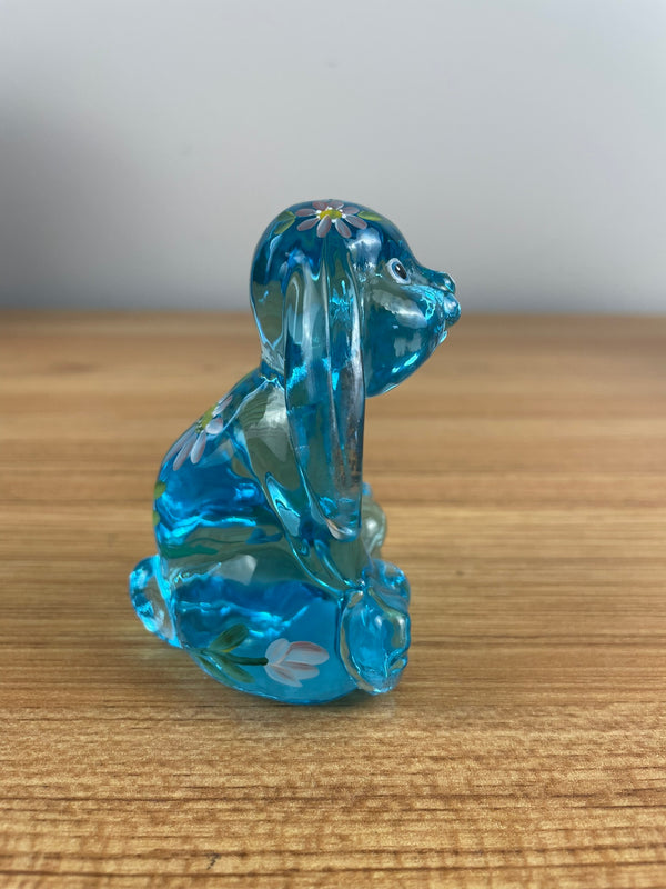 Fenton Glass Blue Handpainted Flowers Seated Flopsy Bunny Rabbit Figure Signed