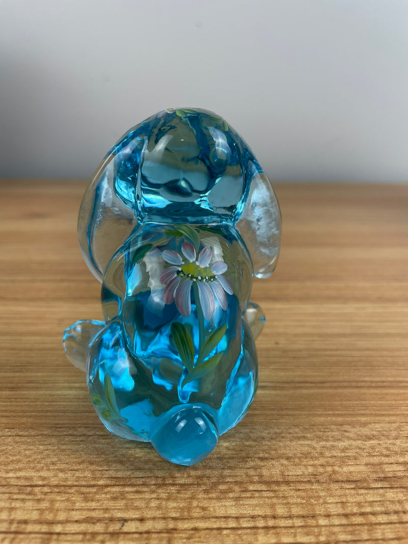 Fenton Glass Blue Handpainted Flowers Seated Flopsy Bunny Rabbit Figure Signed