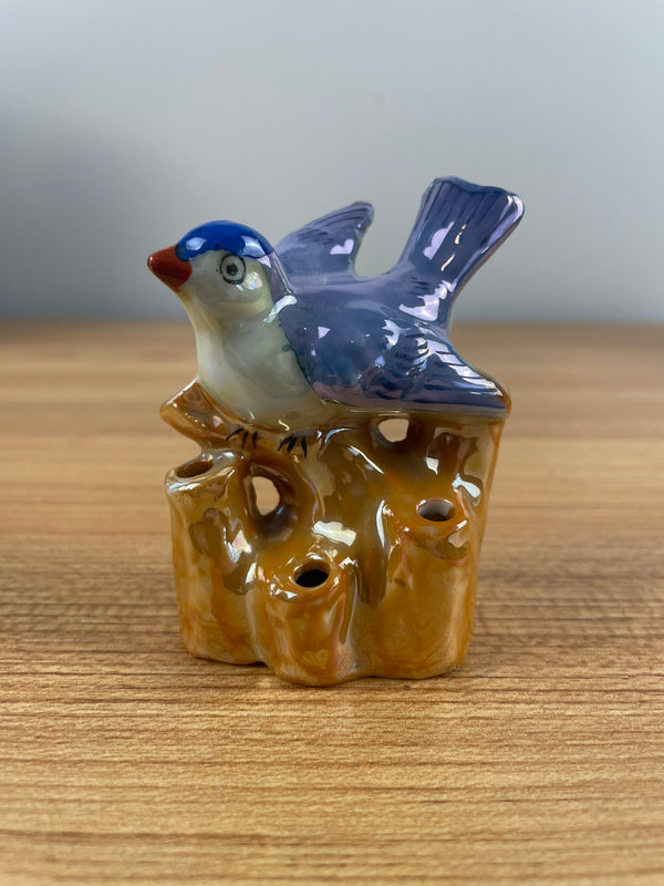 Vintage Lusterware BLUEBIRD FLOWER FROG Porcelain made Japan 3" H x 2.5"