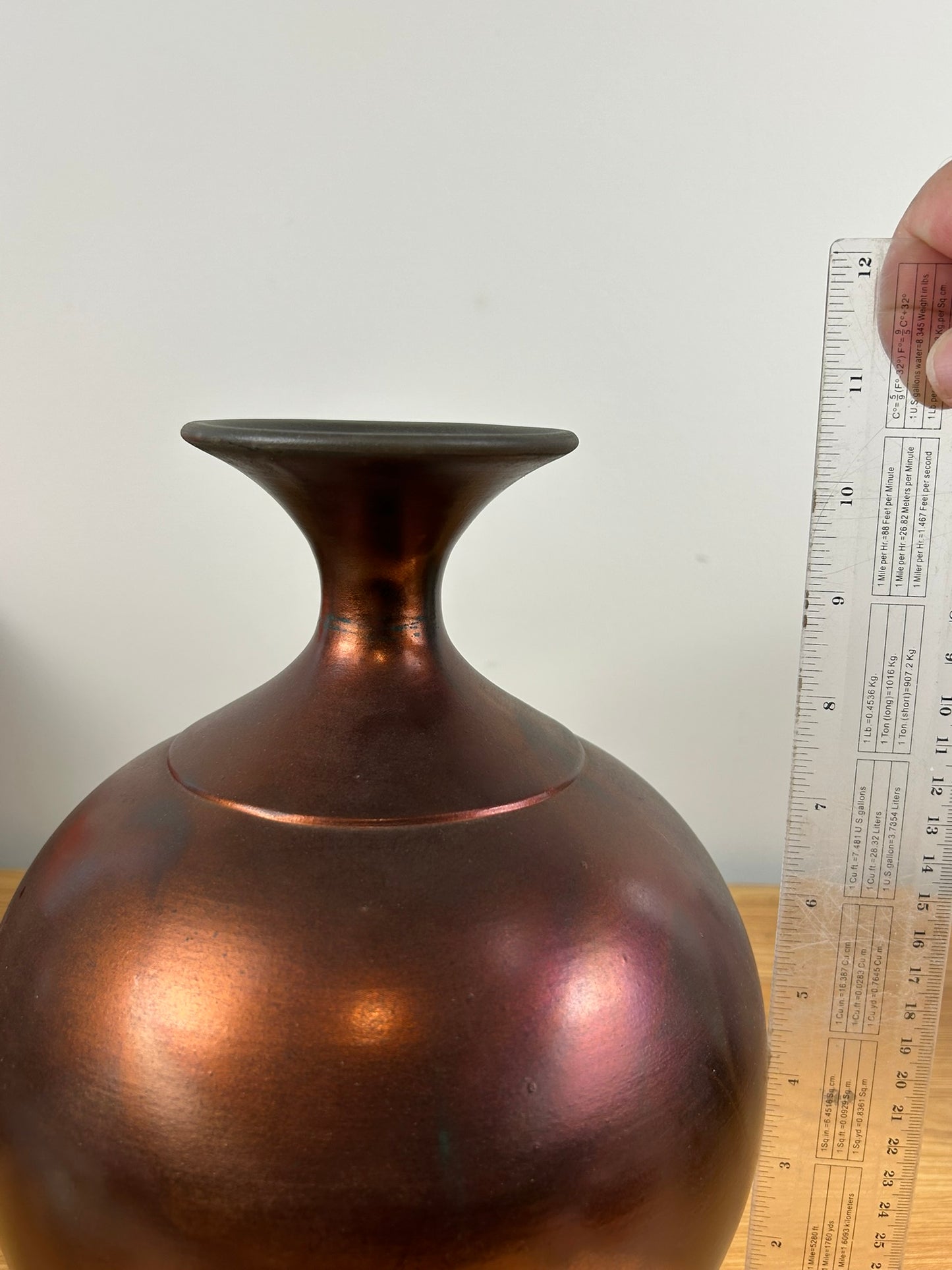 Christine Colombarini Raku Art Pottery Tall Bulbous Red Metallic Glaze Flared Rim Vase