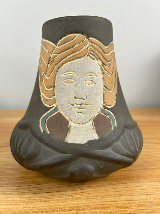 Owens Henri Deux 1900s Antique Art Pottery Flowing Hair Woman Portrait Vase 1308