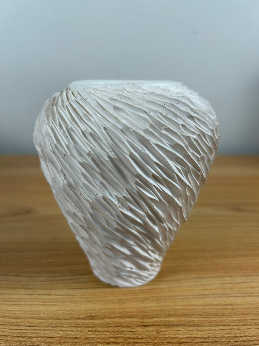 Mid Century White Wavy Carved Line Cabinet Vase Artist Signed