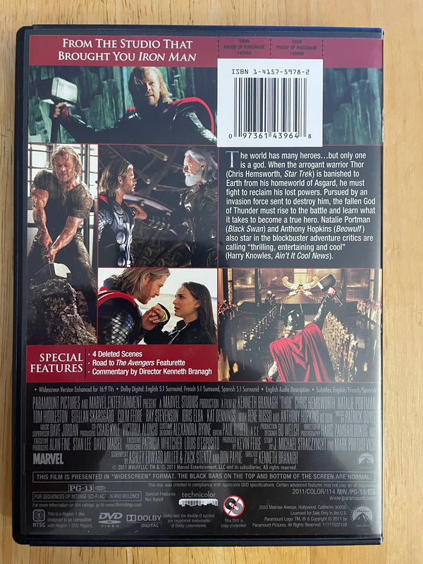 Thor Dolby Digital Widescreen DVD Chris Hemsworth Natalie Portman Paramount