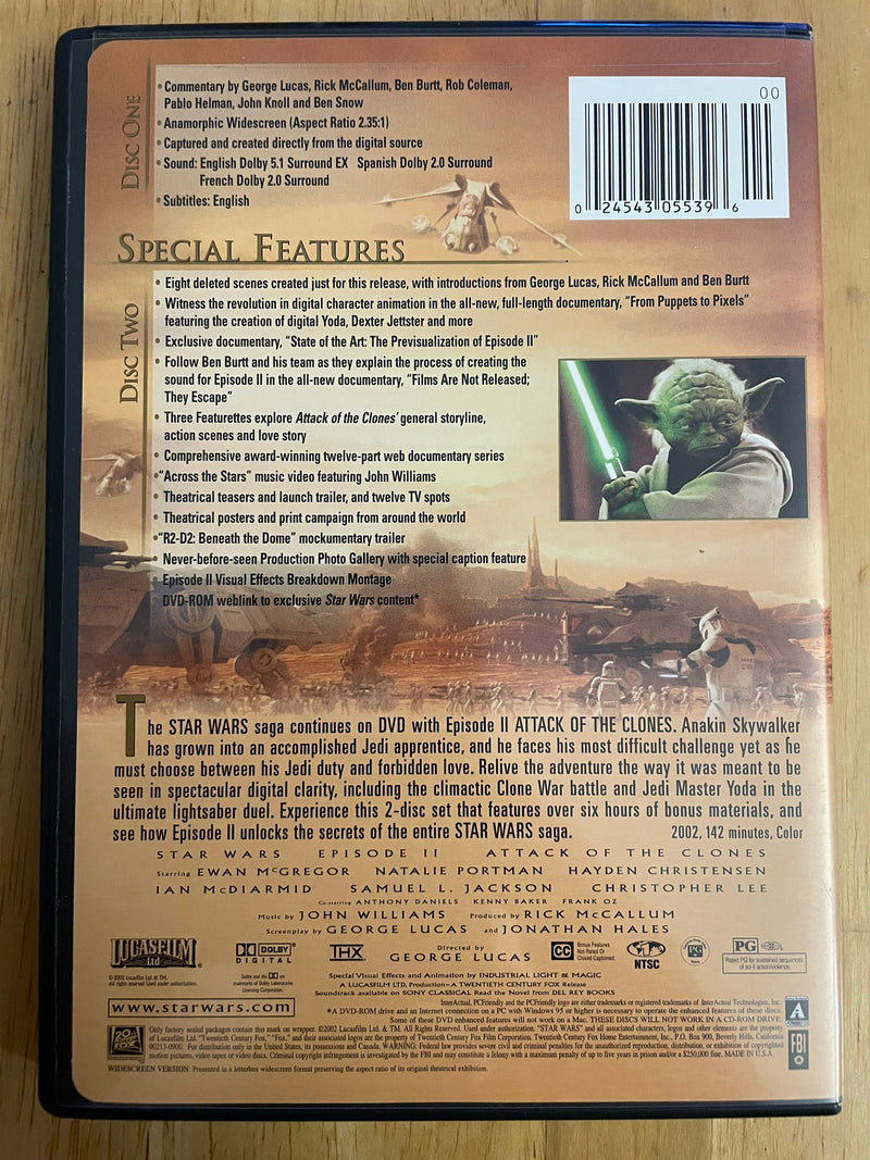 Star Wars Episode II: Attack of the Clones (DVD, 2002, 2-Disc Set, Widescreen