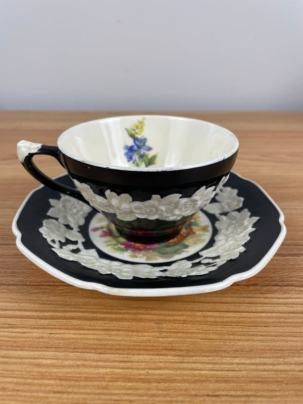 Crown Ducal Gainsborough Cream & Black Floral Cup & Saucer 749657 England