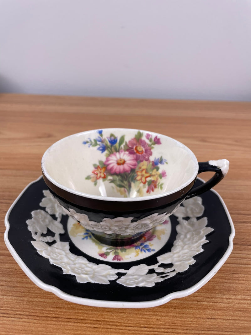 Crown Ducal Gainsborough Cream & Black Floral Cup & Saucer 749657 England