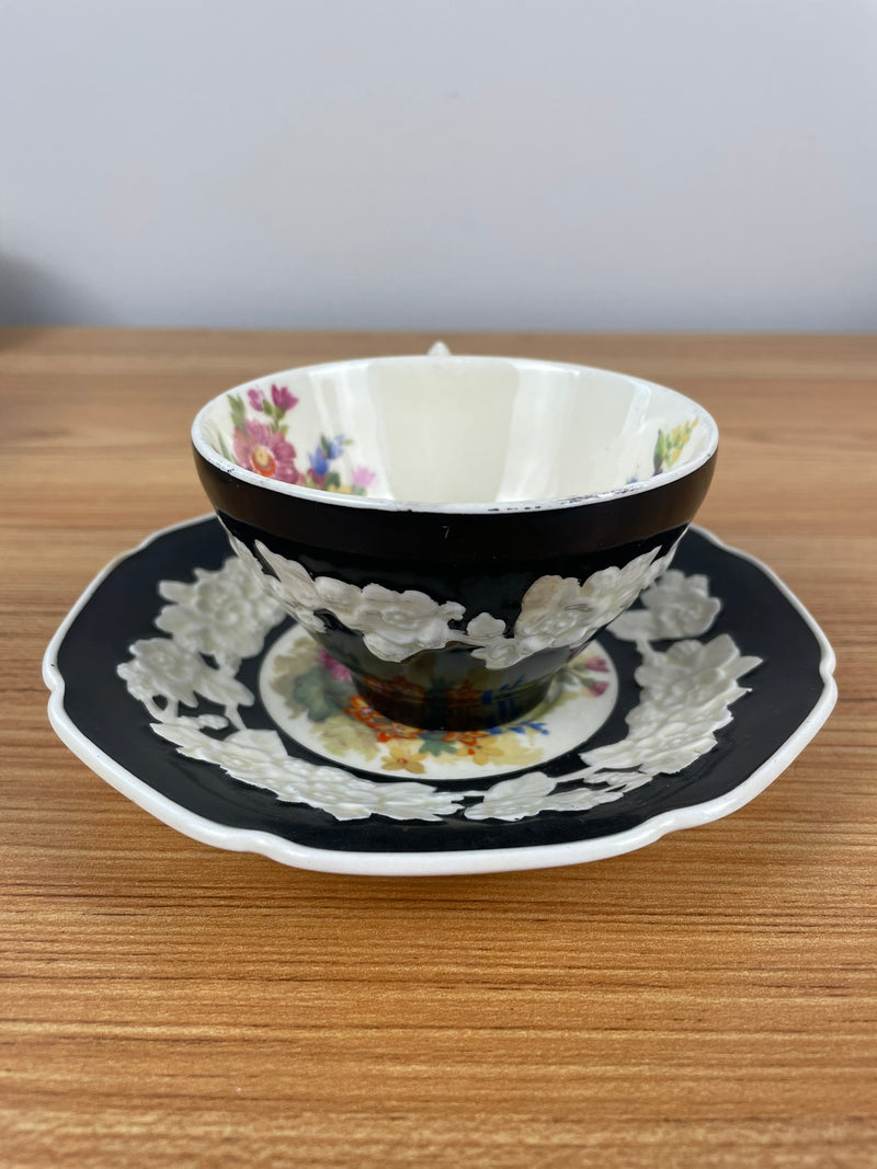 Crown Ducal Gainsborough Cream & Black Floral Cup & Saucer 749657 England