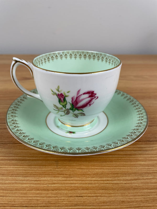 Vintage Clarence Fine English Bone China Green/Pink Floral Tea Cup & Saucer