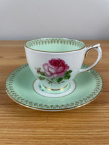 Vintage Clarence Fine English Bone China Green/Pink Floral Tea Cup & Saucer