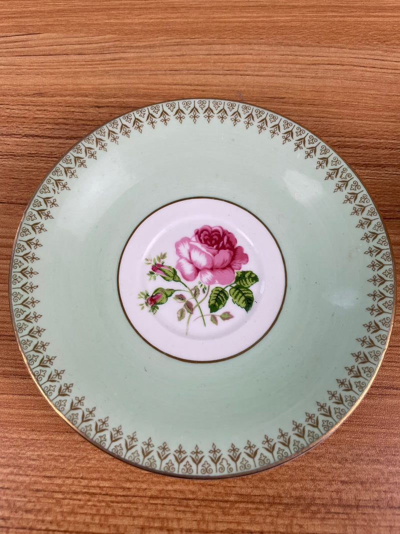 Vintage Clarence Fine English Bone China Green/Pink Floral Tea Cup & Saucer