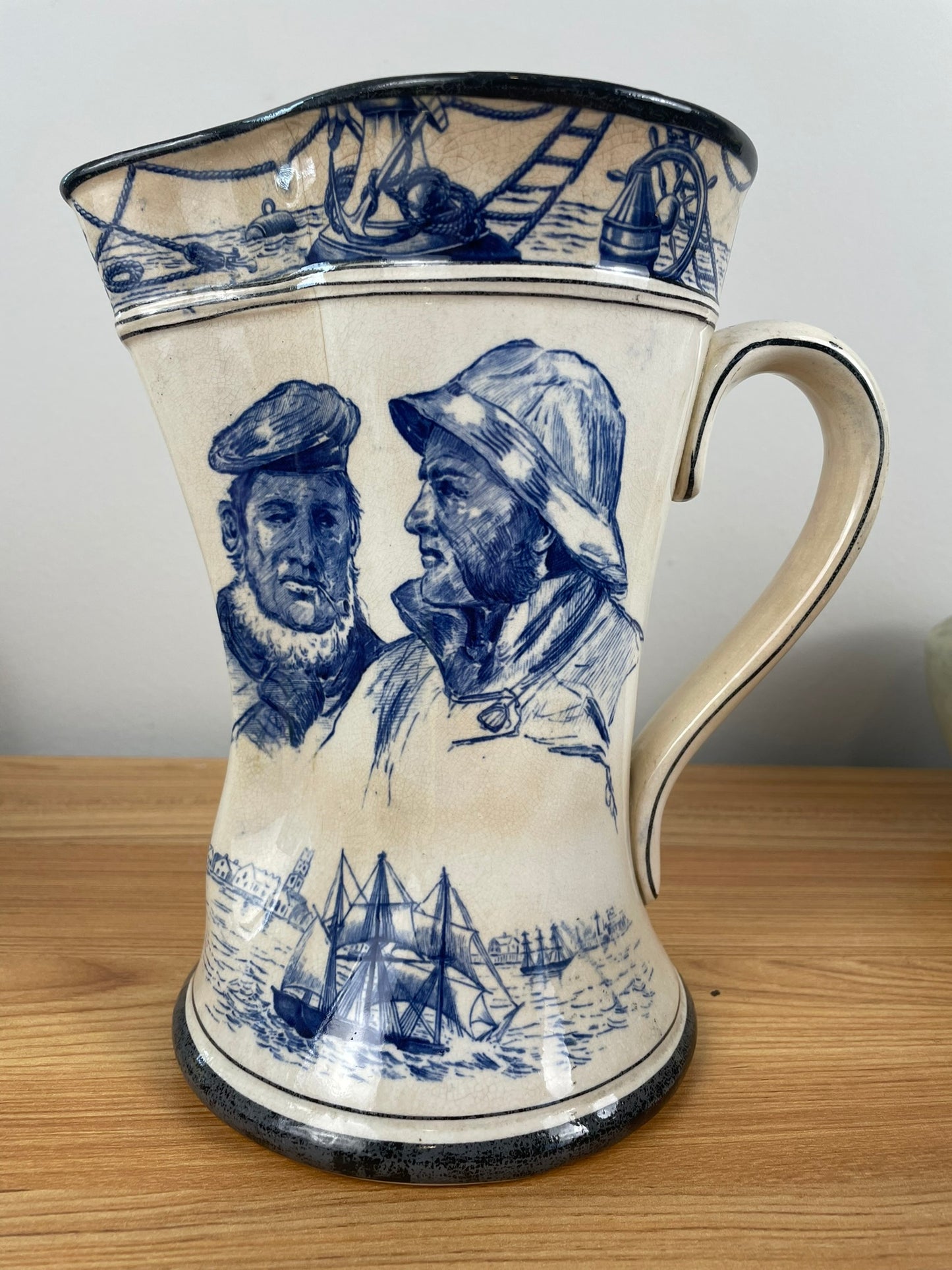 Buffalo Pottery Marine Jug 1906 Nautical Seaman & Ships Lighthouse B&W Pitcher