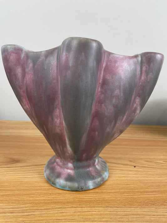 Burley Winter Vintage Art Pottery Mottled Rose Green Ceramic Fan Vase 1F 1930s