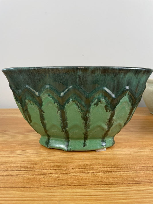 Fulper Pottery Green Oval Fan Bowl Vase Arts & Crafts Deco 6" Tall 10" Wide