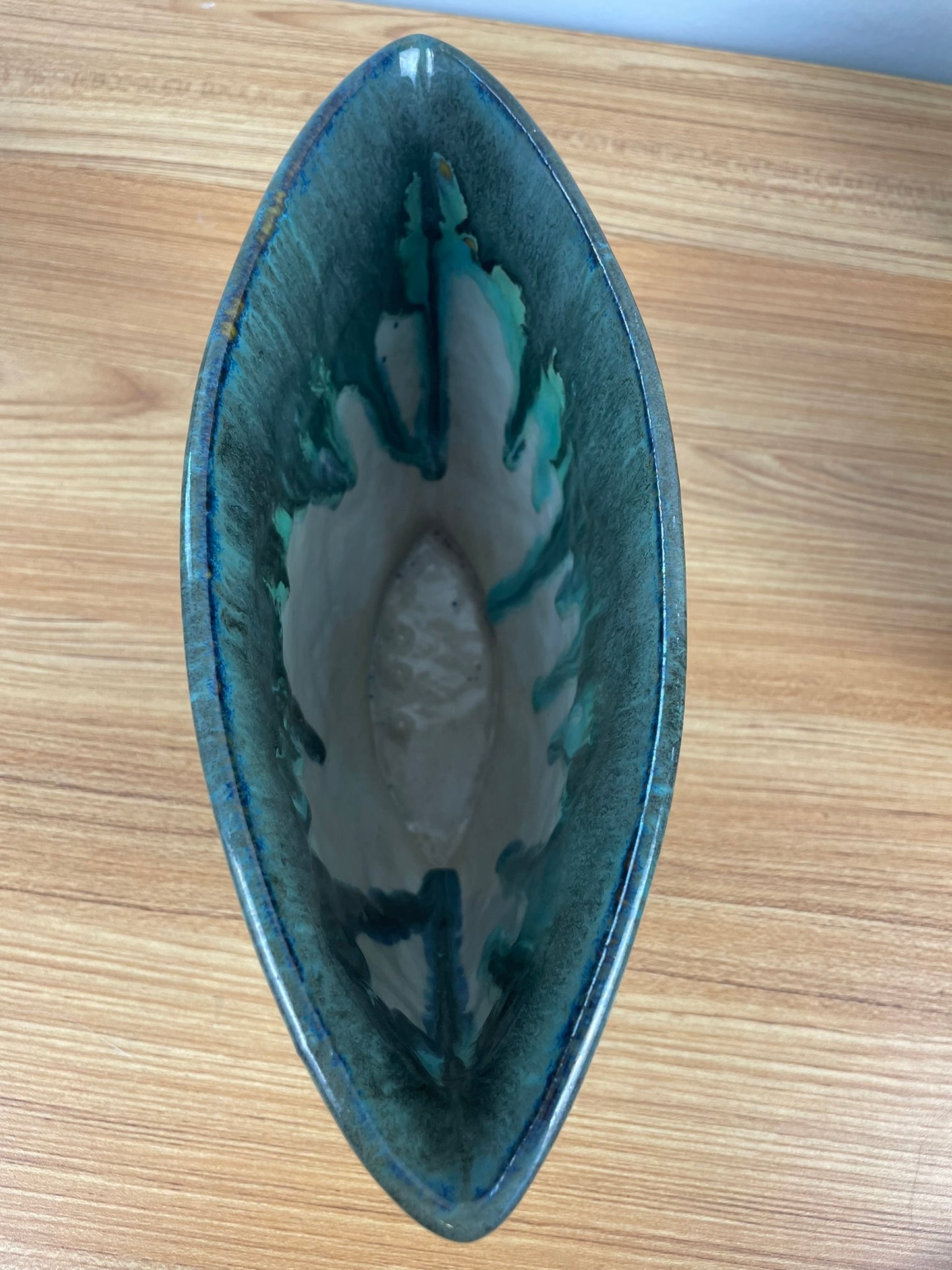 Fulper Pottery Green Oval Fan Bowl Vase Arts & Crafts Deco 6" Tall 10" Wide