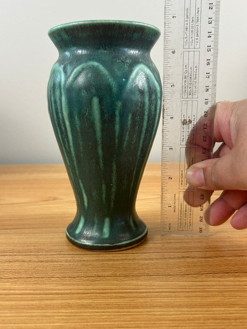 Pewabic Detroit Green Mottled Glaze Broad Leaf Cabinet Vase 6.5" Tall