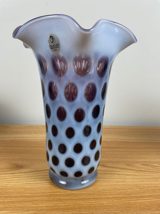 Vintage Fenton Purple Coin Dot Ruffle Top Opalescent Vase Rare Find 8” Tall