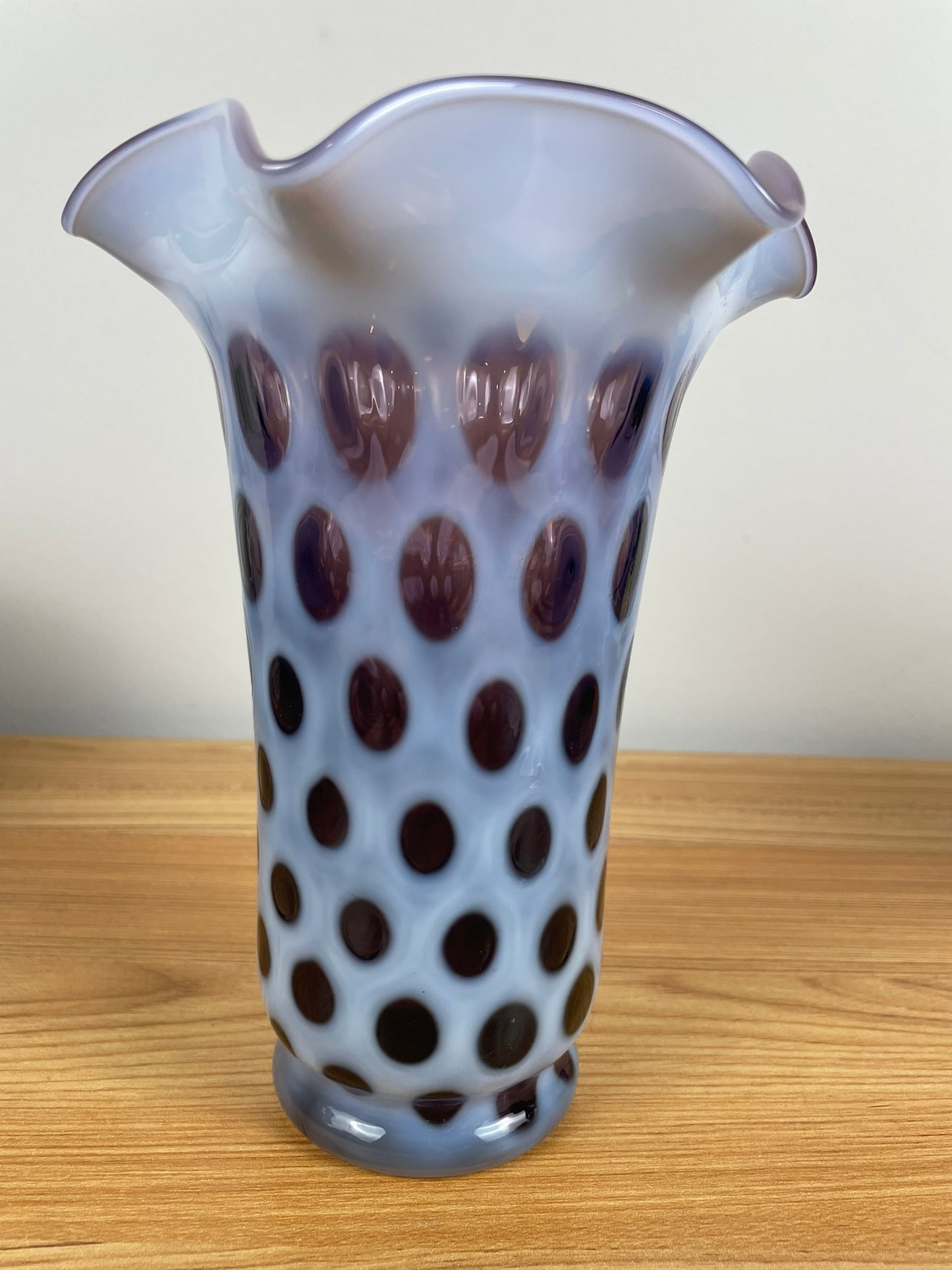 Vintage Fenton Purple Coin Dot Ruffle Top Opalescent Vase Rare Find 8” Tall