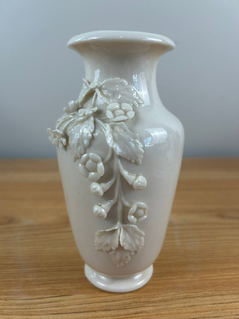 Belleek Art Pottery High Relief Applied Flowers Green Mark Vase 5.25" Tall