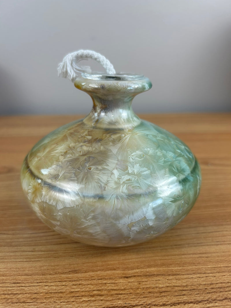 Kent Follett Art Pottery Signed  4" Oil Vase Crystaline Glaze Blue Brown