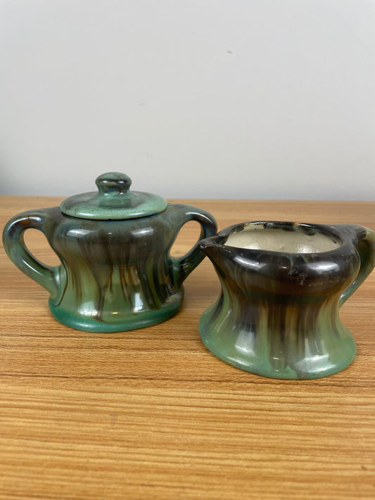 FULPER ART POTTERY  SET CREAMER & SUGAR BOWL WITH LID GREEN BROWN GLAZE #2