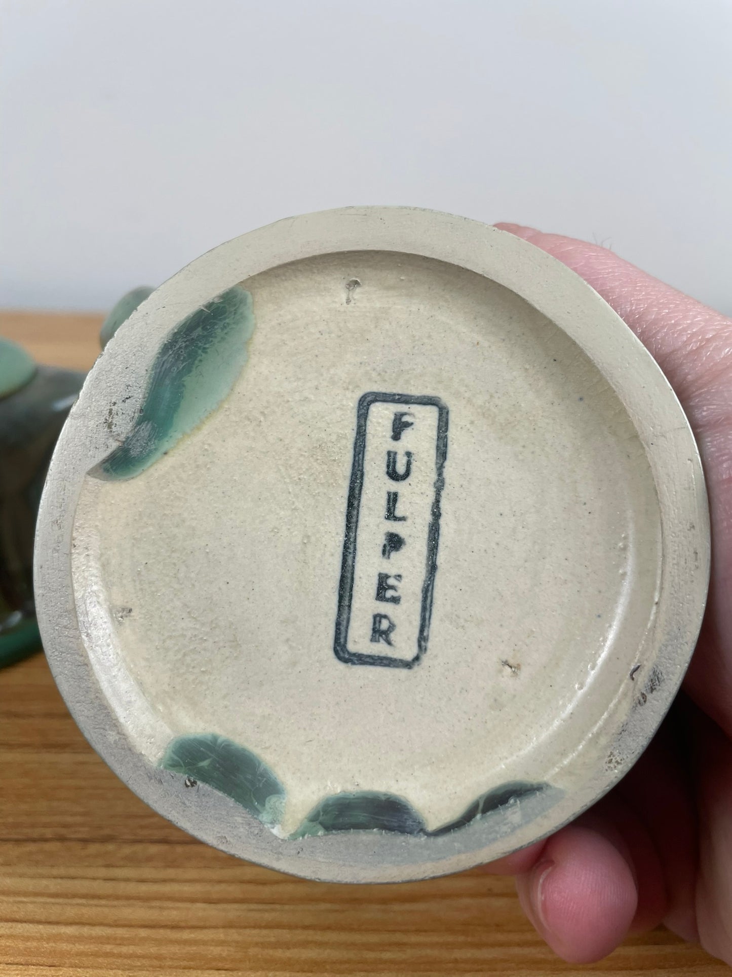 FULPER ART POTTERY  SET CREAMER & SUGAR BOWL WITH LID GREEN BROWN GLAZE #2