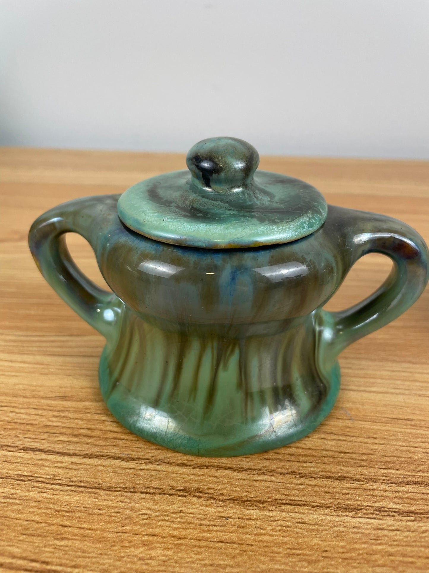 FULPER ART POTTERY  SET CREAMER & SUGAR BOWL WITH LID GREEN BROWN GLAZE #2