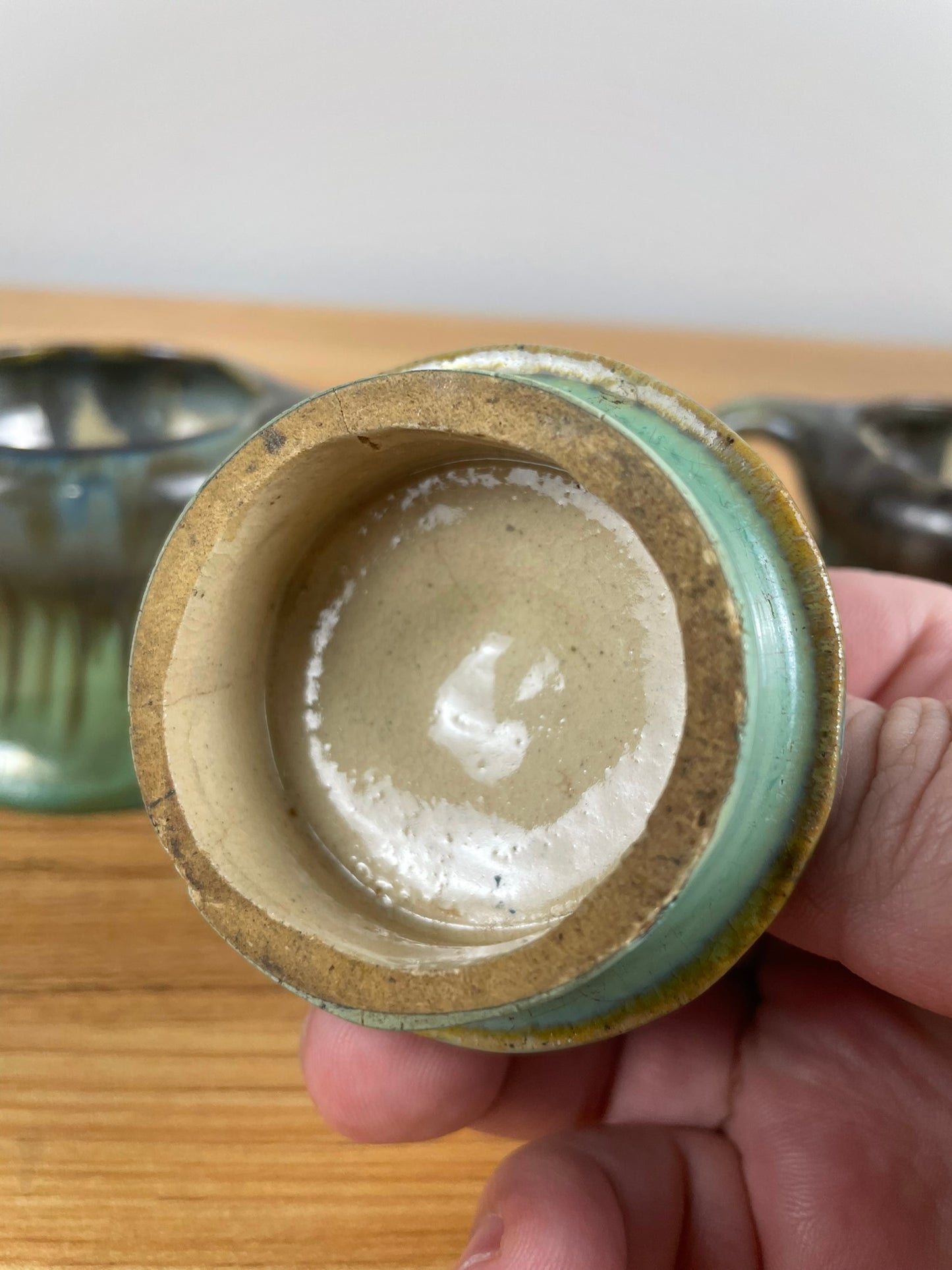 FULPER ART POTTERY  SET CREAMER & SUGAR BOWL WITH LID GREEN BROWN GLAZE #2