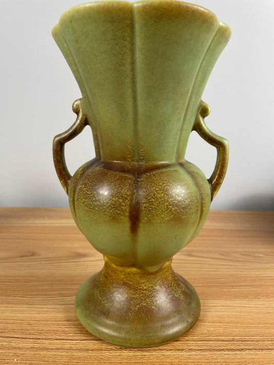 Rumrill 9" Art Deco Red Wing Fluted Double Handled Vase Green Mottled Glaze