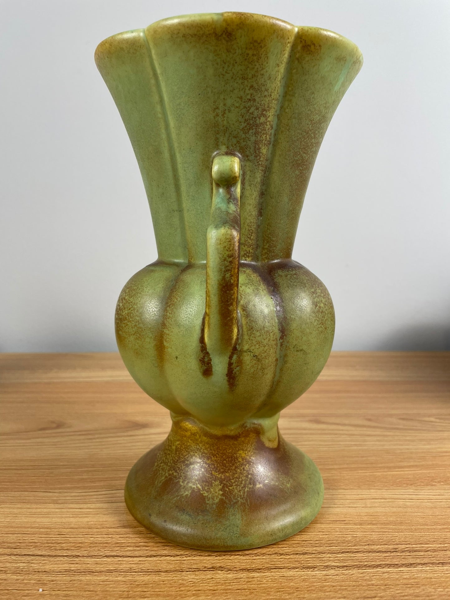 Rumrill 9" Art Deco Red Wing Fluted Double Handled Vase Green Mottled Glaze
