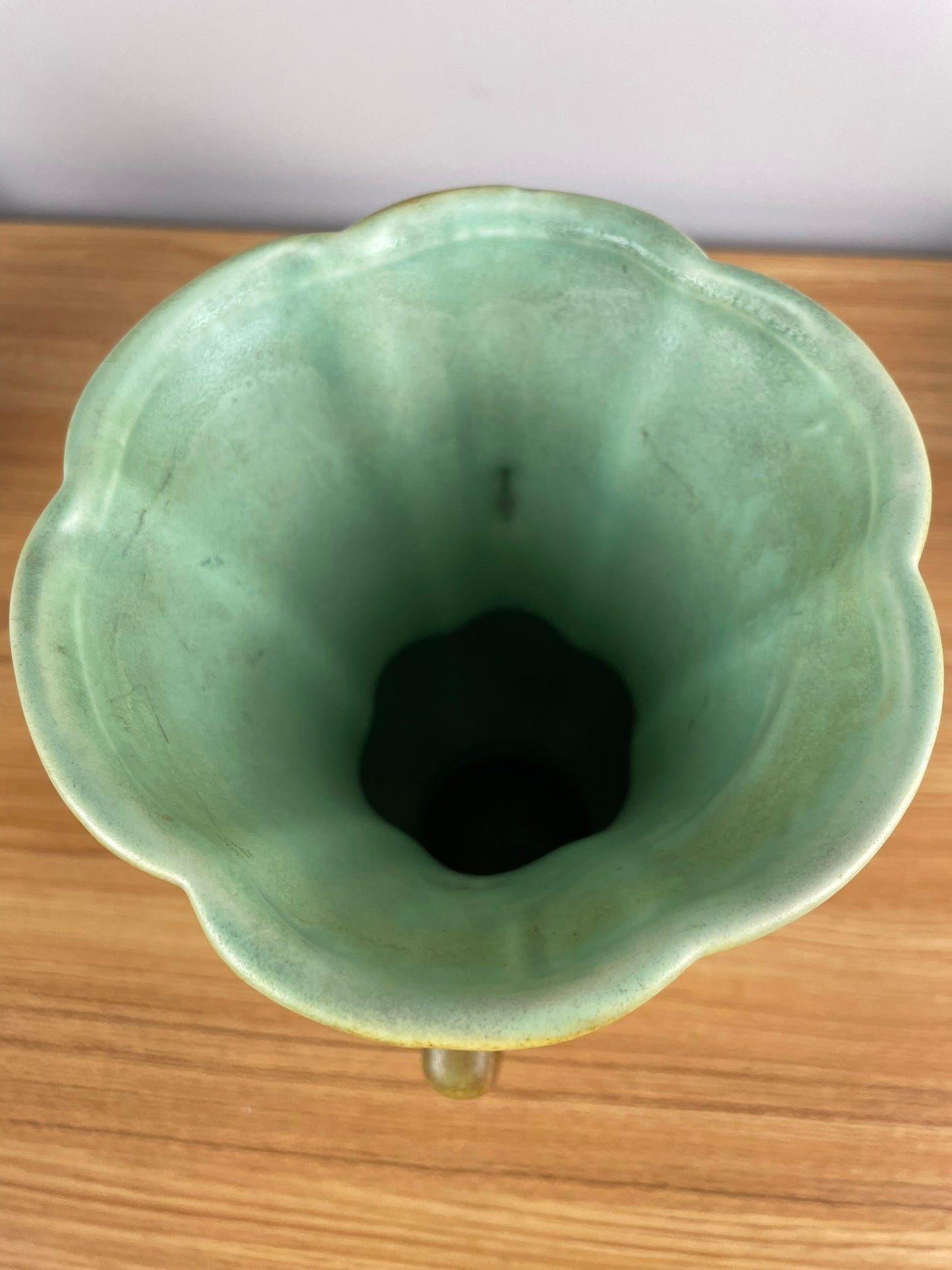 Rumrill 9" Art Deco Red Wing Fluted Double Handled Vase Green Mottled Glaze