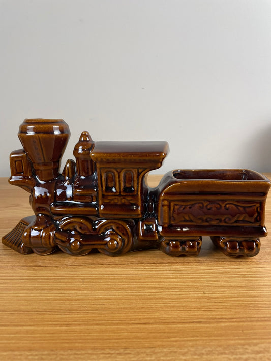 McCoy Art Pottery Vintage Train/Locomotive Planter, Brown Glaze 10" Long