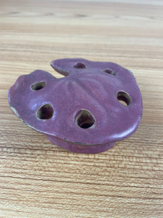 Vintage Fulper Water Lily Pad Leaf Pink Red Flower Frog Art Pottery 6 holes