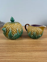 Adams & Bromley English 1800s Art Pottery Yellow Majolica Pineapple Creamer Sugar Bowl