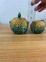 Adams & Bromley English 1800s Art Pottery Yellow Majolica Pineapple Creamer Sugar Bowl