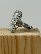 Aquamarine 14K White Gold Art Deco Pierced Setting Size 8 Ring