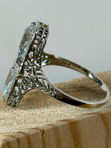 Aquamarine 14K White Gold Art Deco Pierced Setting Size 8 Ring