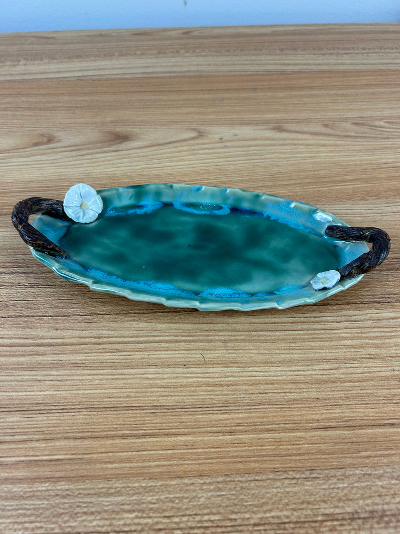 Donkey Flight Clay Creations Green Art Pottery Floral Handled Tray