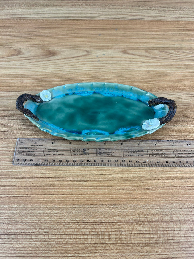 Donkey Flight Clay Creations Green Art Pottery Floral Handled Tray