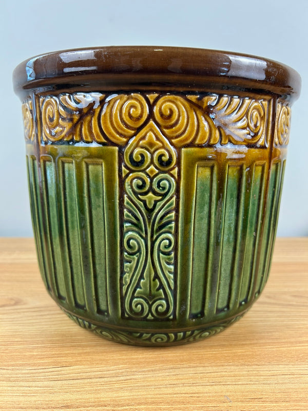 Weller Art Pottery 1900s Green Brown Yellow Blended Majolica Jardiniere