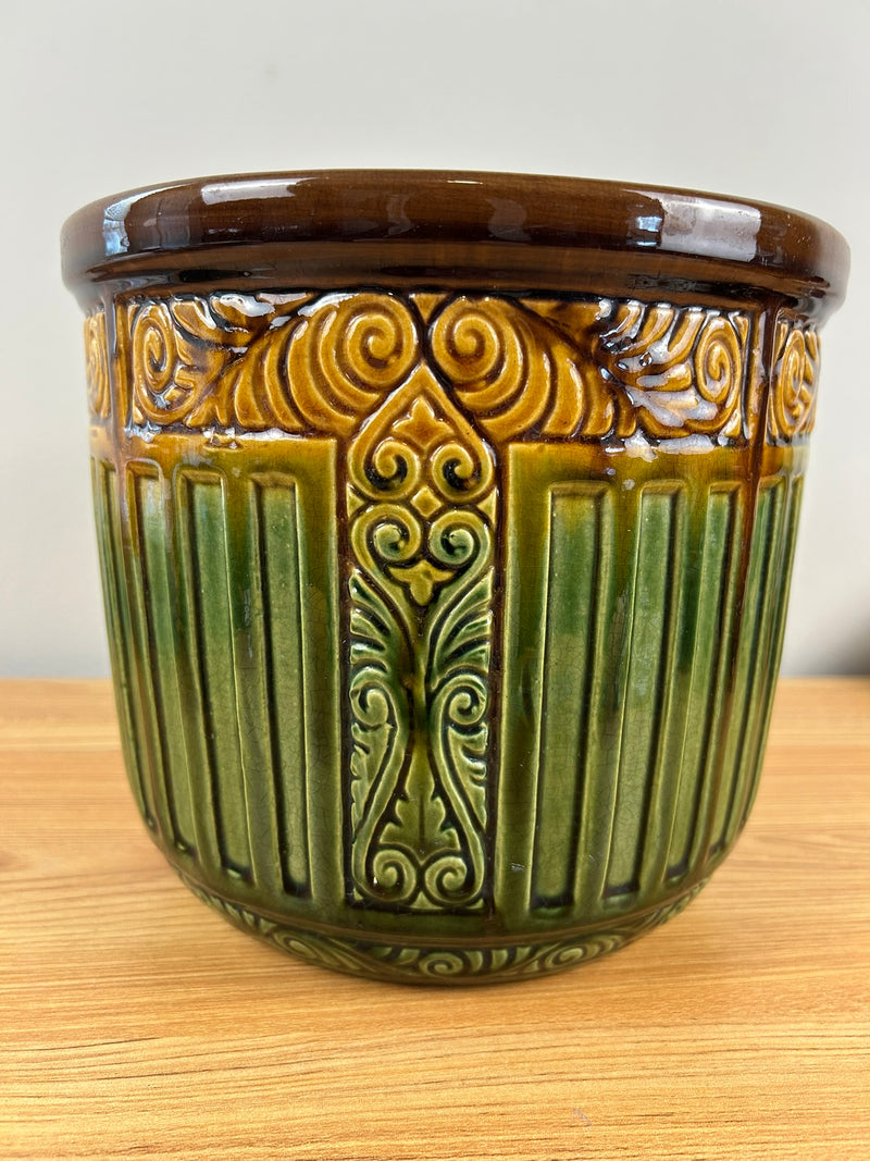 Weller Art Pottery 1900s Green Brown Yellow Blended Majolica Jardiniere