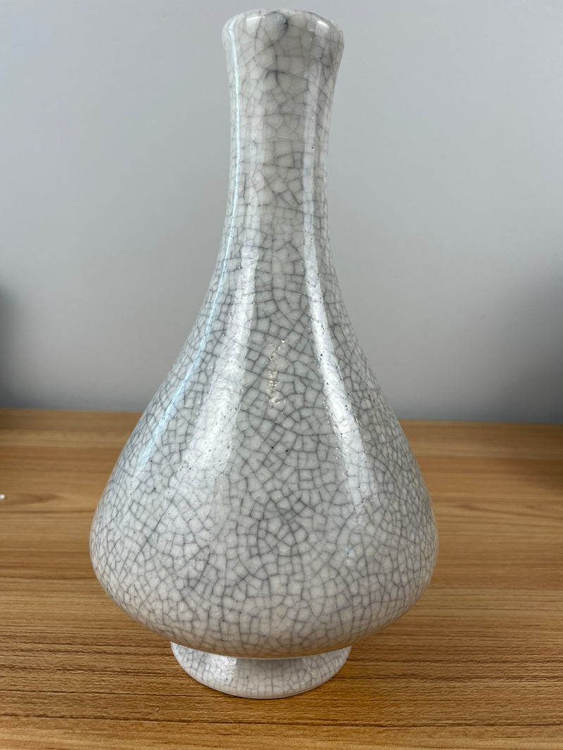 Vintage White Crackle Glaze Art Pottery Tapered Body Vase 9" Tall