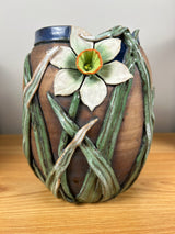 Old Patagonia Studio Art Pottery 1998 Green Brown Flower In Relief Vase