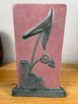 WELLER TUTONE 9" TRIANGLE ART DECO VASE W/ARROWHEAD LEAVES/BLOSSOMS