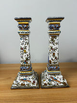 Filcer Portugal Hand Painted Large Column 10.5" Candle Holders Floral Decorated